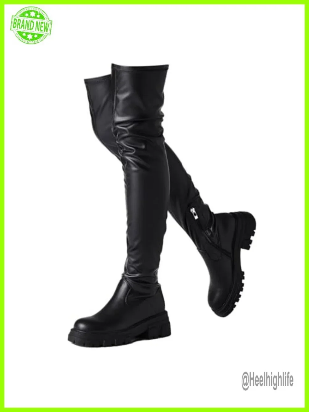 Stretchy Faux Leather Thigh High Platform Lug Sole Boots